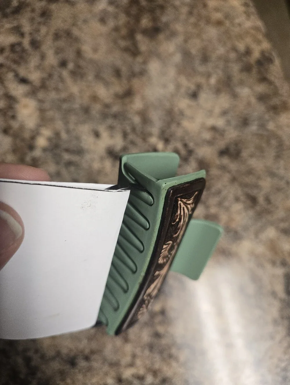Leather Tooled Hair Claw Clip - Green with Brown Tooled Accent